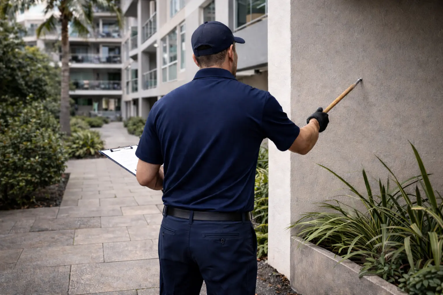 Termite inspector examining timber framing and weep holes at a Brisbane property